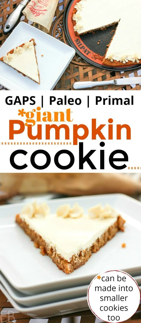 Paleo Pumpkin Cookies (or Giant Pumpkin Cookie) with Buttercream Paleo Halloween, Paleo Pumpkin Cookies, Primal Desserts, Paleo Cookie, Aip Foods, Gaps Diet Recipes, Wahls Protocol, Frosting Buttercream, Crisp Recipes