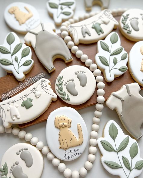 When your dogs are your first babies 😍 I couldn’t resist doing a baby shower theme with a taupe, ivory and sage color palette with a dog cookie thrown in the mix as well. Our Lola turns 10 this year and we always tell the kids she was our first baby! #babyshower #babyshowercookies #babyshowercookieset #dogcookies #goldendoodlecookies #neutralcookies #onesiecookies #onesiecookiefavors #cookiefavors #ctcookies #ctcookieshop #ctcookiecompany #ctcookier #sugarcookies #sugarcookie #sugarcookiedeco... Puppy Baby Shower Ideas, Golden Retriever Baby Shower Theme, Dog Theme Baby Shower Ideas, Dog Themed Baby Shower Ideas, Gender Neutral Baby Shower Cookies, Puppy Baby Shower Theme, Dog Baby Shower Theme, Baby Shower Cookies Neutral, Derby Food