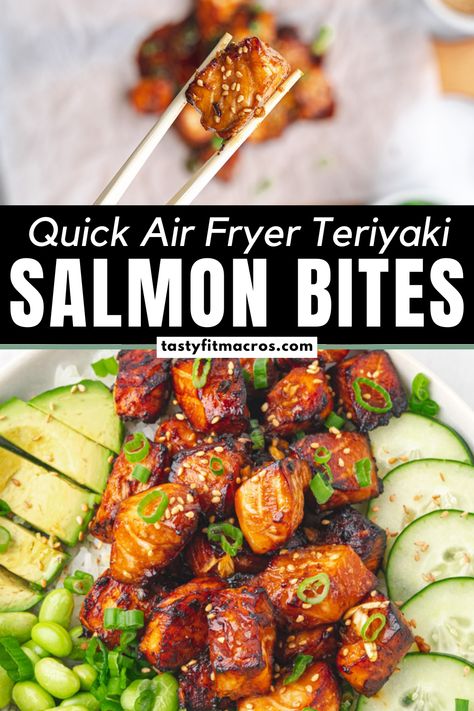 A Pinterest image showcasing 'Meal Prep Friendly Air Fryer Salmon Bites', with a bowl of salmon bites ready to eat and the website 'tastyfitmacros.com' at the bottom Healthy Salmon Dinner, Salmon Bites Recipe, Salmon Pasta Recipes, Salmon Recipes Pan Seared, Salmon Bites, Air Fryer Salmon, Healthy Air Fryer, Healthy Salmon Recipes, Teriyaki Salmon