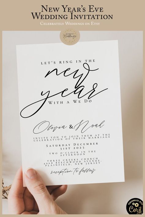 photo with an invitation inviting guests to a new years eve wedding New Years Wedding Invitations, New Years Eve Wedding Invitations, Nye Wedding Invitations, Nye Wedding Dress, Invitation Minimalist, New Year's Eve Wedding, New Years Eve Wedding, New Years Wedding, Elopement Announcement