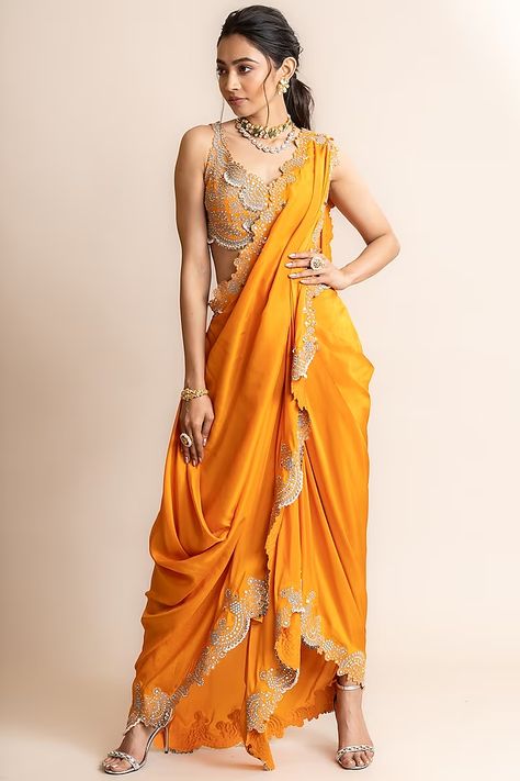 Orange Habutai Silk & Crepe Hand Embroidered Pre-Draped Saree Set Design by Nupur Kanoi at Pernia's Pop Up Shop 2023 Nupur Kanoi, Bengali Saree, Hand Embroidered Blouse, Orange Mirror, Raw Silk Lehenga, Silk Anarkali, Net Blouses, Drape Saree, Embroidered Border