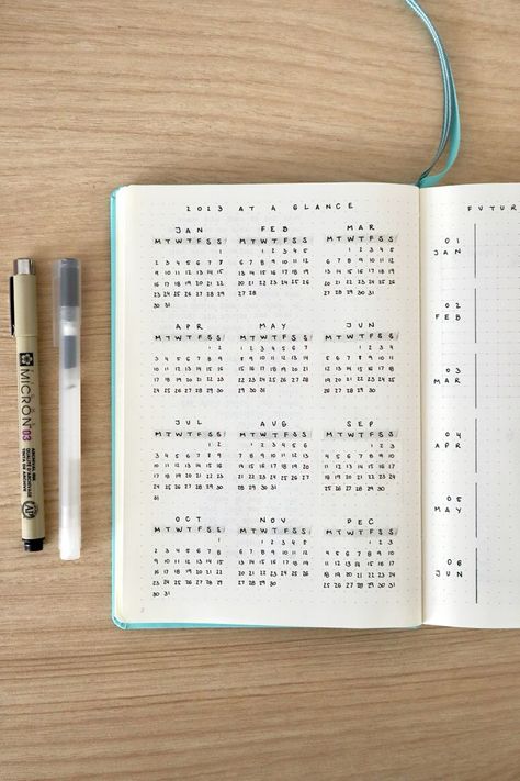 Calendar Design Journal, 2024 Year At A Glance, 2024 Dot Journal, Yearly Journal Spreads, Minimal Journal Aesthetic, Minimal Journal Ideas, Year At A Glance Bullet Journal, Dotted Notebook Ideas, Journal Year Page