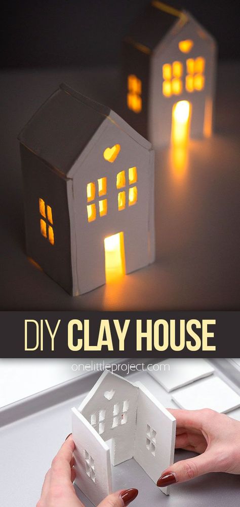 This clay house is so easy to make using air dry clay and our free printable templates! It's such a fun craft for winter or any time of year. Paint it and use it as a Christmas decoration or leave it white as a house candle holder. Such a fun way to make your own Christmas village! Air Dry Clay Candle Holder, Arch Portfolio, Air Dry Modeling Clay, Folk Christmas, Clay Candle Holders, Fimo Art, House Candle Holder, House Candle, Clay Christmas Decorations