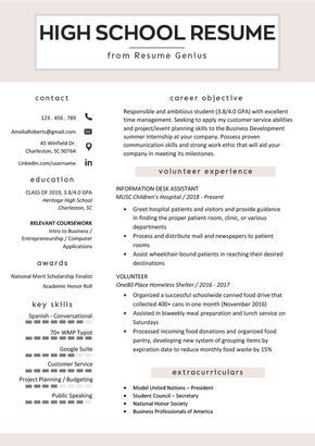 High School Student Resume Sample & Writing Tips | Resume Genius Resume For College Application, Scholarship Resume Template, Resume Template For High School Students, High School Resume Examples, High School Resume For College, Resume Template For Students, High School Portfolio Ideas, Resume Examples For High School Students, Resume For First Time Job