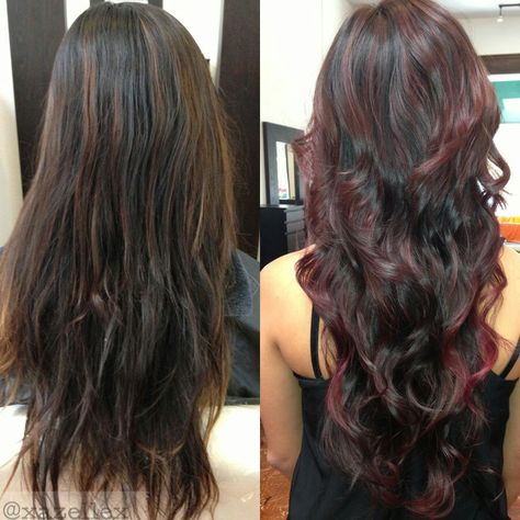 Burgundy low lights on dark brown hair Brown Red Violet Hair, Aubergine Hair Color, Brown Hair With Red, Red Violet Hair Color, Merlot Hair Color, Violet Hair Color, Red Purple Hair, Brown Hair Cuts, Red Violet Hair