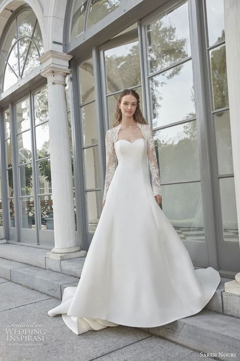 sareh nouri fall 2022 bridal sheer long sleeve queen anne neckline clean minimalist a line ball gown wedding dress chapel train (10) mv -- Sareh Nouri Fall 2022 Wedding Dresses | Wedding Inspirasi #wedding #weddings #bridal #weddingideas #collection:TheGardenofEden #label:SarehNouri #season:Fall/Winter #week:022022 #year:2022 ~ Sareh Nouri Wedding Dress, Sareh Nouri Bridal, Queen Wedding Dress, Sareh Nouri, Queen Anne Neckline, Column Wedding Dress, Fairytale Gown, Lace Shrug, Mod Wedding