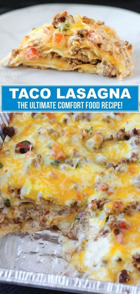 If you are searching for the perfect comfort food recipe, this taco lasagna recipe is for you. This delicious dinner recipe is so easy to make that you can have it prepared and on the table in less than 30 minutes. This creamy, cheesy taco lasagna recipe is an easy weeknight dinner that the whole family will enjoy. You might even want to make a double batch. Leftovers are so delicious. #dinner #recipe #beef #easy #homemade #taco #lasagna #tacotuesday #tacorecipes Taco Lasagne, Taco Lasagna Recipe, Recipes Potatoes, Taco Lasagna, Cena Keto, New Recipes For Dinner, Recipes Pork, Easy Weeknight Dinner, Dinner Healthy