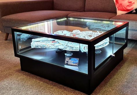 Lego Display Case Coffee Table For Star Wars Millennium Falcon - Showfront Collectors Lego Coffee Table Display, Star Wars Lego Coffee Table, Millenium Falcon Lego Table, Display Case Coffee Table, Millennium Falcon Lego Display, Millenium Falcon Table, Millennium Falcon Coffee Table, Star Wars Display Case, Millenium Falcon Lego Display