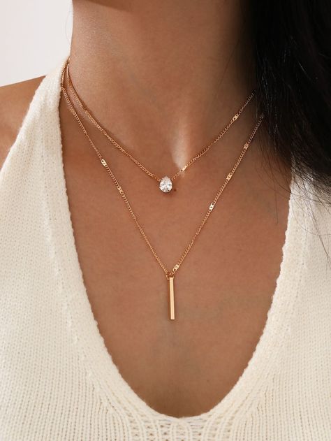 Delicate Gold Necklace, Bar Pendant Necklace, Stacked Necklaces, Layered Necklace Set, Layered Chains, Gold Charm Necklace, Styl Boho, Rhinestone Necklace, Bridal Necklace