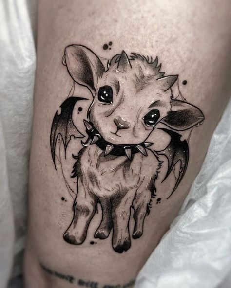 Goth Calf Tattoo, Halloween Animal Tattoo, Evil Goat Tattoo, Witchy Tattoos Ideas, Gothic Animal Tattoo, Cute Dark Tattoos, Cute Baphomet Tattoo, Devil Goat Tattoo, Goat Tattoo Cute