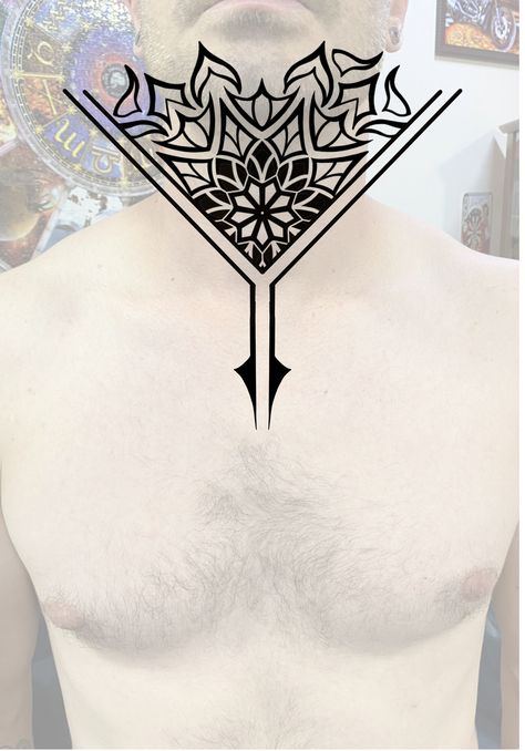 Mandala Neck Tattoo Men Design, Geometric Throat Tattoo Men, Geometric Neck Tattoo Design, Throat Tattoo Men Ideas, Mandala Neck Tattoo Men, Throat Tattoo For Guys, Geometric Chest Tattoo, Geometric Neck Tattoo, Throat Tattoo Men