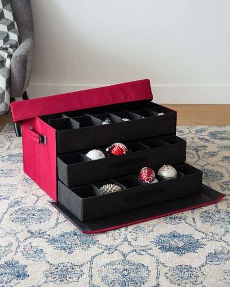 Deluxe Rolling Ornament Chest | Balsam Hill Christmas Ornament Storage Diy, Christmas Tree Storage Box, Christmas Decoration Storage, Large Christmas Ornaments, Christmas Ornament Storage, Christmas Tree Storage Bag, Ornament Storage Box, Red Christmas Ornaments, Christmas Tree Storage