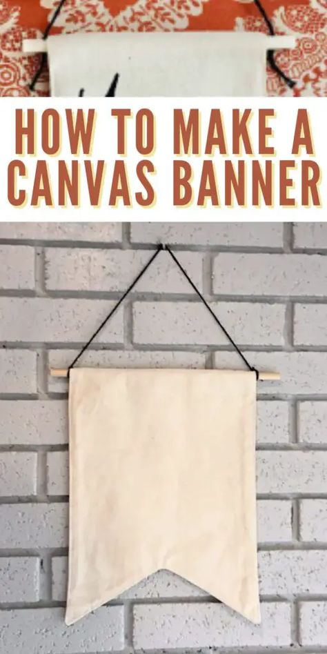 Canvas Material Sewing Projects, Painted Fabric Wall Hanging, Canvas Material Projects, Diy Flag Banner Fabric, Diy Canvas Banner Wall Hangings, Canvas Wall Hanging Ideas, Diy Business Banner, How To Make Pennant Flags, Diy Pendant Banner