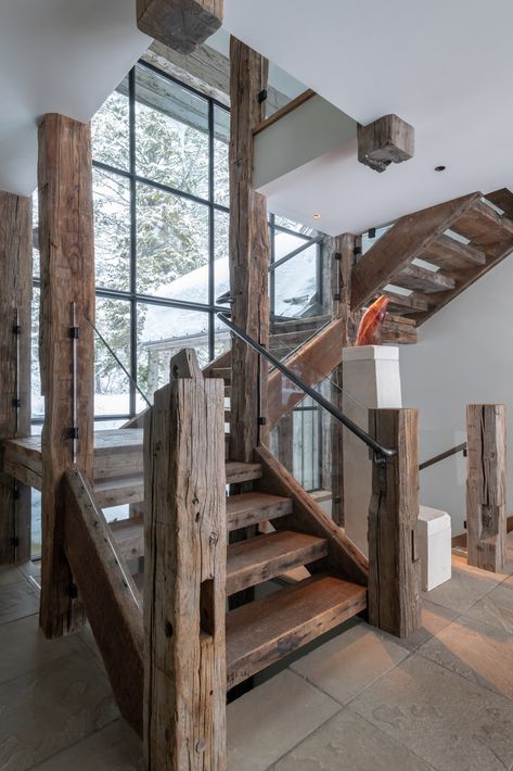 Elegant Staircase, Rustic Staircase, Stacked Stone Walls, Rustic Stairs, Refined Rustic, Contemporary Staircase, Glass Staircase, Mountain Living, Curved Staircase