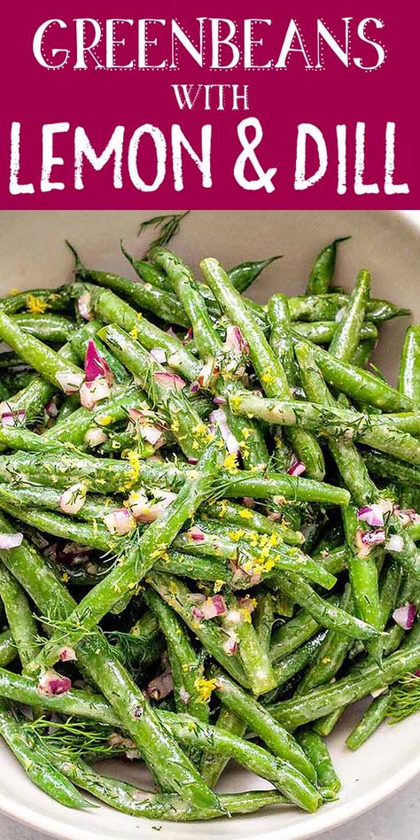 Green Bean Salad with Lemon and Dill! Fresh green beans are a summertime staple! This vibrant green bean salad dressed in lemon and dill will have everyone reaching for seconds during weeknight dinner and asking for the recipe at backyard cookouts. #greenbeans #healthysides #simplyrecipes #freshgreenbeanrecipes Green Bean Dill Salad, Spring Green Bean Recipes, Fresh Bean Salad Recipes, Dill Beans Recipe, Green Beans With Dill, Fresh Green Beans Salad, Cucumber Green Bean Salad, Green Veg Recipes, Fresh Bean Salad