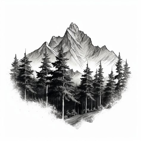 Tattoo Of Mountains And Trees, Tattoo With Trees And Mountains, Fine Line Mountain And Trees Tattoo, Mountain And Trees Drawing, Mountains Trees Tattoo, Tattoos Mountains And Trees, Tree And Lake Tattoo, Black Forest Tattoo Design, Mountain Trees Drawing