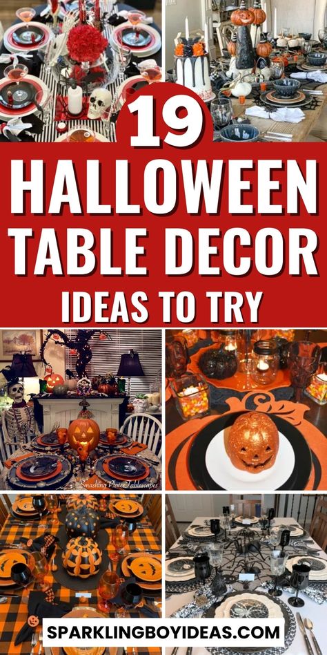 19 Easy Halloween Table Decor 1 Halloween Dining Table, Halloween Dining Room, Halloween Table Centerpieces, Halloween Table Settings, Halloween Table Decor, Halloween Party Table, Halloween Tablescape, Easy Halloween Decorations, Modern Halloween