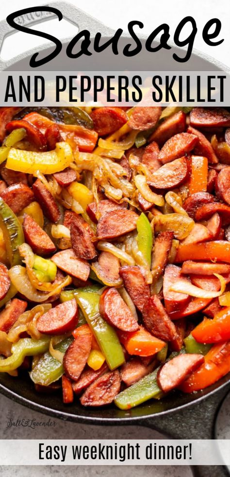 Smoked Sausage And Peppers, Sausage And Peppers Skillet, Sausage And Peppers Recipe, Sausage Peppers And Onions, Smoked Sausage Recipes, Sausage Dinner, Kielbasa Recipes, Easy Skillet Meals, 5 Ingredient Dinners