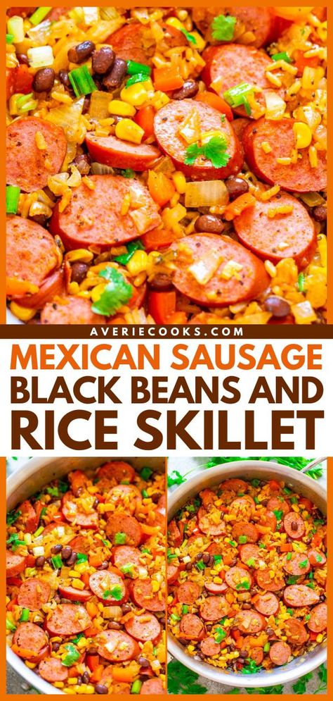 Change up your weeknights with this 30-minute meal! Your family will love this quick and easy dinner. Hearty and full of flavor, this black beans and rice skillet with sausage is amazing. Save this Mexican rice and beans recipe! Mexican Rice And Beans Recipe, Chicken Rice And Beans, Mexican Rice And Beans, Mexican Sausage, Bratwurst Recipes, Sausage Rice, Rice And Beans Recipe, Beans And Sausage, Black Beans And Rice