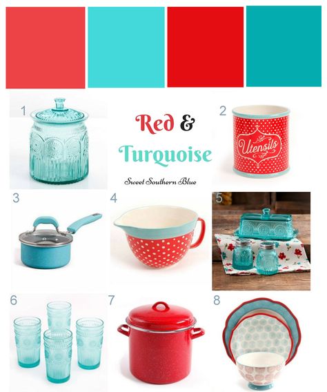 Red And Turquoise Kitchen, Red And Teal Kitchen, Modern Retro Kitchen, Turquoise Kitchen Decor, Retro Kitchen Appliances, Turquoise Kitchen, Red Kitchen Decor, Teal Kitchen, Red And Turquoise