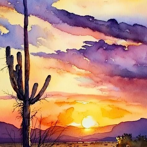 Watercolor Desert Landscape Tutorial, Sunset Color Flowers, Desert Watercolor Paintings, Watercolour Inspiration Landscape, Fall Watercolor Landscape, Southwest Scenery, Watercolor Painting Ideas Easy, Watercolor Desert Landscape, Watercolor Art Inspiration