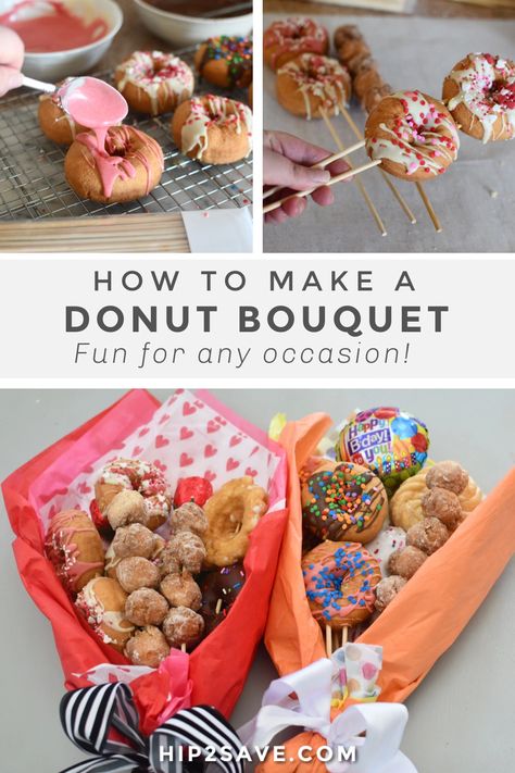 Skip the flowers and make your loved one a yummy donut bouquet instead! Follow these simple directions for this fun to make food craft. #diy #fooddiy #craft #valentines #gift #diygift #giftidea #donuts #donutbouquet #valentinesgift #desserts #foodbouquet Donut Hole Bouquet, Donut Floral Arrangement, Donut Bouquet Ideas, Treat Bouquet Gift Ideas, Cookie Bouquet Ideas Diy, Donut Bouquet Diy, Food Bouquet Ideas, Doughnut Bouquet, Dessert Bouquet