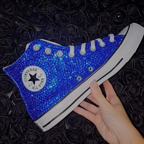 Blue Rhinestone Shoes, Royal Blue Quince Shoes, Blue Quinceanera Shoes, Bejeweled Sneakers, Converse Custom Ideas, Xv Shoes, Converse Shoes Blue, Bling Converse Shoes, Dance Nationals