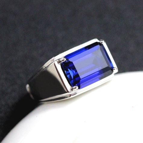 Royal Blue Sapphire Ring, Created Sapphire, September Birthstone, Sterling Silver With 18K White Gold Plating, Handmade Gift For Men Royal Blue Sapphire Ring, Handmade Gifts For Men, Diamond Sapphire Engagement Ring, Sapphire Diamond Engagement, Sapphire Solitaire, Wedding Rings Solitaire, Stylish Rings, Wedding Rings Unique, Engagement Rings For Men