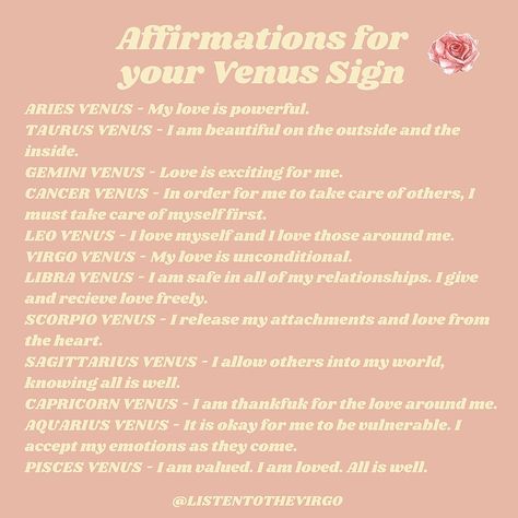 Affirmations for your Venus Sign!  Sometimes we can get in our own way when it comes to love and even loving ourselves. Here are some affirmations for you according to your Venus Sign to help you better understand your love language and what self-love means for you. #Venus Venus Meaning, Birth Month Quotes, Venus Sign, Horoscope Memes, Universe Quotes, Learn Astrology, Magick Book, Zodiac Traits, Zodiac Posts