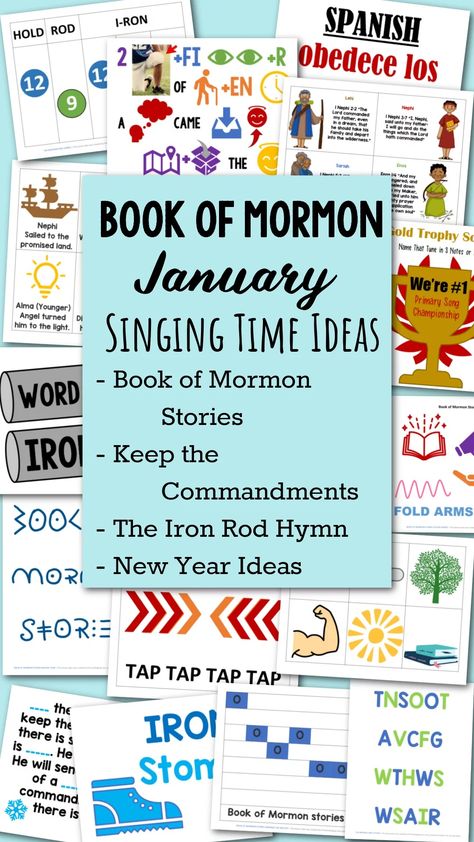 Book of Mormon January Primary Songs Singing Time ideas to help you teach Book of Mormon Stories, Keep the Commandments, and The Iron Rod Hymn. Plus, fun activities and ideas for the New Year! This packet is jam packed full with lesson plans and printable song helps for LDS Primary music leaders and great for home Come Follow Me use for families, too. Lds Primary Songs For 2024, Books In The Book Of Mormon, Primary 2024 Book Of Mormon, Book Of Mormon Singing Time Ideas, Primary Lds Ideas, Singing Time Lds Primary, Keep The Commandments Singing Time, Book Of Mormon Singing Time, 2024 Primary Songs