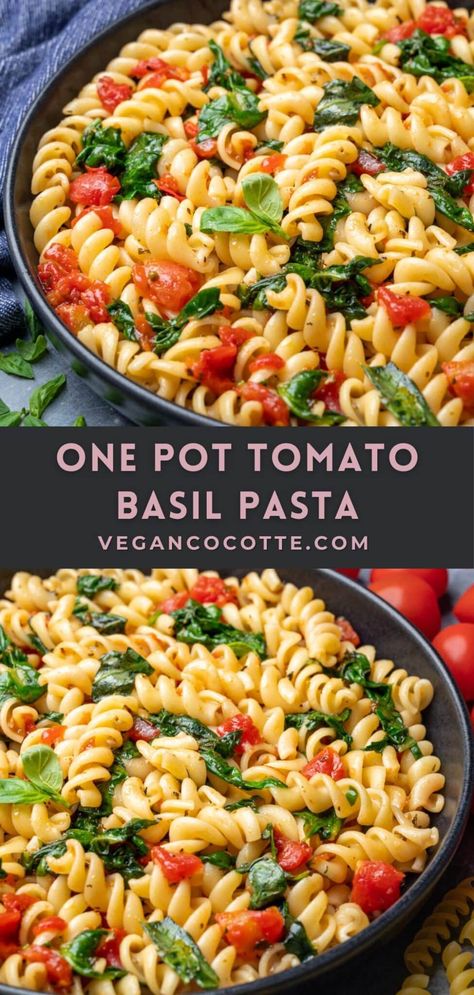 One-Pot Tomato Basil Pasta Vegan Tomato Basil Pasta, Tomato Basil Spinach Pasta, One Pot Healthy Pasta Recipes, Healthy Tomato Basil Pasta, Meatless Supper Ideas, Easy Pasta Recipes No Dairy, Pasta Dishes No Red Sauce, Tomato And Herb Pasta, Pasta Dishes With Basil