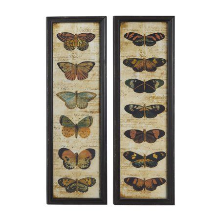 Bring reflective, luminescent vintage style to your wall with this set of 2 very large, rectangular butterfly glass wall art. Multi-colored various species of butterflies are intricately Illustrated from top to bottom with muted yet colorful tones. The scientific butterfly illustrations are painted over a sepia-toned paper with faded calligraphy throughout. Bring vintage butterfly style to your entryway, living room, hallway, or bedroom with this dimensional metal and glass wall decor. Sawtooth Framed Butterfly Wall Art, Glass Wall Art Panels, Art Papillon, Art Panels, Butterfly Illustration, Butterfly Wall Decor, Entryway Living Room, Glass Butterfly, Butterfly Wall Art