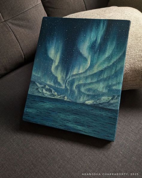 Drawing Northern Lights, Aurora Borealis Painting, Painting Starry Night, Northern Lights Art, Night Sky Art, Green To Blue, Painting Art Lesson, Small Canvas Art, Starry Night Sky