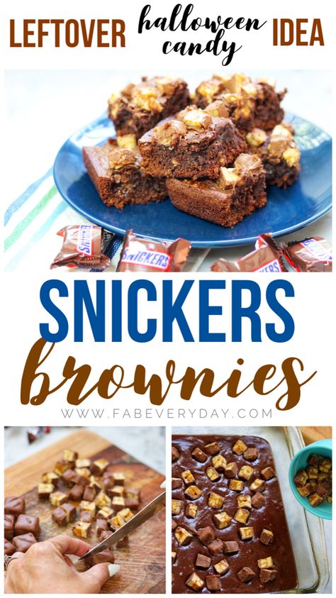 Brownie Easy, Leftover Halloween Candy Recipes, Basic Brownie Recipe, Snickers Brownies, Easy Brownie Recipe, Snickers Recipe, Halloween Candy Recipes, Snicker Brownies, Easy Brownie