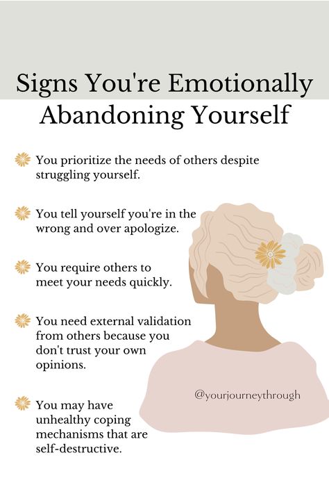 Are you constantly finding yourself prioritizing other people’s needs before your own? Do you not trust your own opinions, and need external validation from others? These are signs you might be emotionally abandoning yourself! Check out our blog for accessible mental health resources! Internal Vs External Validation, Internal Validation, Validation From Others, External Validation, Mental Health Inspiration, Personal Development Quotes, Sensitive Person, Personal Growth Quotes, Health Tools