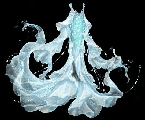 Anime Water Clothes, White Mermaid Tail Art, Water Themed Dress Drawing, Ice Themed Outfit Drawing, Flowing Dress Drawing, Water Like Dress, Water Clothes Drawing, Water Clothing Design, Mermaid Fashion Design