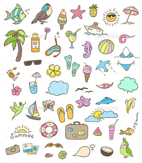 Easy To Draw Summer Doodles, Summer Symbols Drawing, Summer Doodle Art, Summer Simple Drawings, Summer Illustration Art Drawings, Drawing Summer Ideas, Summer Things To Draw, Simple Summer Drawings, Summer Drawings Doodles