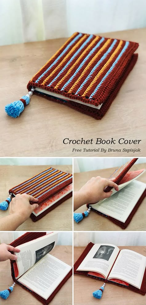 Crochet Book Cover With A Tassel Bookmark Crochet Bookmark Tassel, Crochet Journal Cover Free Pattern, Crochet Planner Cover, Crochet Patterns Book Cover, Knitting Book Cover, Free Crochet Book Cover Patterns, Bookish Crochet Ideas, Crochet Book Covers Free Patterns, Knit Book Cover