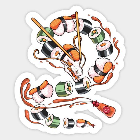 Awesome Dragon Sushi Roll for anyone who loves sushi, and Japanese noodles. Features a cute Giant Japanese Dragon made out of sushi. -- Choose from our vast selection of stickers to match with your favorite design to make the perfect customized sticker/decal. Perfect to put on water bottles, laptops, hard hats, and car windows. Everything from favorite TV show stickers to funny stickers. For men, women, boys, and girls. Sushi Dragon Drawing, Sushi Dragon Art, Japanese Dragon Tattoo Designs For Men, Anime Sushi, Sushi Tattoo, Dragon Sushi, Sushi Stickers, Japanese Hat, Sushi Dragon