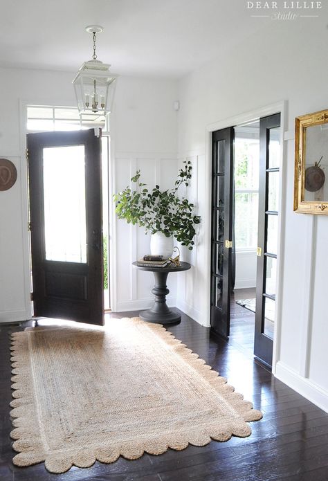 Making Over Our Entryway with Black Doors and Board and Batten - Dear Lillie Studio Foyer With Board And Batten, Entryway With Doors On Both Sides, Entry Way With Windows, Wall Facing Front Door Entrance, Entryway Black Door, Creating Entryway In Open Floor Plan, Large Open Entryway Ideas, Office Off Entryway, Entryway Ideas Open Floor Plan Entrance