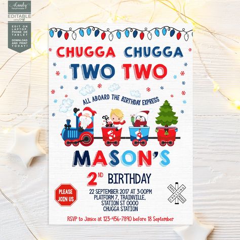 "All Aboard for a festive celebration with our Christmas Birthday Invitation! This adorable invitation features a whimsical train design adorned with Christmas art, making it the perfect choice for a boy's 2nd birthday party. Customize the details to create a personalized \"Chugga Chugga, Two-Two\" invitation that will delight your guests. Bring the magic of the Holiday Season to your little one's special day as you embark on a fun-filled journey of joy and merriment. Get ready to celebrate with Christmas 2 Year Birthday, 2nd Birthday December, 2nd Christmas Birthday Party, Winter Themed 2nd Birthday Party, Two Year Old December Birthday, December 2nd Birthday Party Ideas, 2nd Birthday Christmas Theme, Christmas Themed 2nd Birthday Party, Christmas Theme Birthday Party For Boys