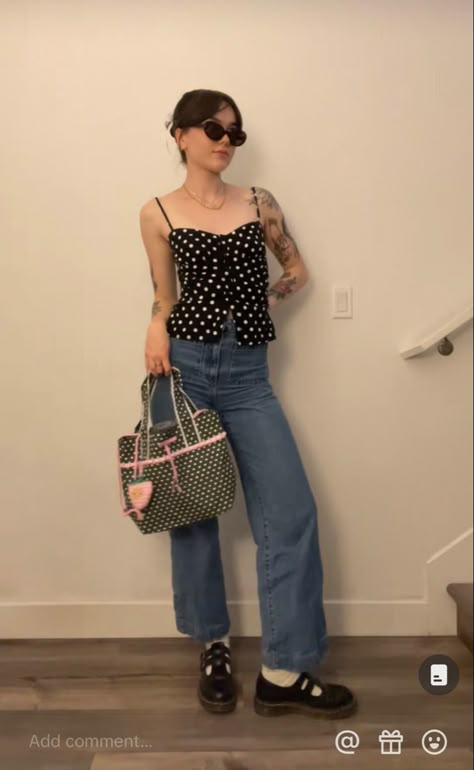 From @minecraftluvr68 on tiktok Polka dot top rolla’s sailor jean dr martens mary janes Doc Martens Spence Outfit, Polka Dot Shoes Outfit, Doc Marten Bethan, Mary Janes Dr Martens Outfit, Styling Dr Martens Mary Janes, Steve Madden Mary Janes Outfit, Dr Martens 8065 Mary Jane Outfit, 8065 Mary Jane Outfit, How To Style Mary Jane Shoes With Pants