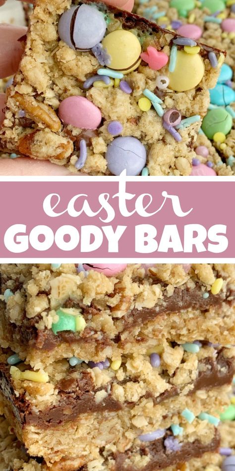 Easter Goody Bars | Goody Bars | Easter Recipe | Easter Goody Bars are the perfect springtime treat! A pecan and oat crumble mixture for the crust, filled with a creamy fudge filling, topped with more crumble and Easter m&m candy and sprinkles. #easter #easterrecipes #dessert #dessertrecipes #recipeoftheday #holidayrecipes Easter Cookie Bars, Easter Bars, Easter Deserts, Easter Cookie Recipes, Creamy Fudge, Easter Recipe, Easter Snacks, Healthy Easter, Easter Sweets