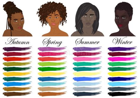 Seasonal color analysis. Set of vector black women with different types of female appearance royalty free illustration Neutral Skin Tone, Colors For Dark Skin, Skin Color Palette, Seasonal Color Analysis, Black Person, Dark Skin Women, Color Analysis, Season Colors, Colour Images