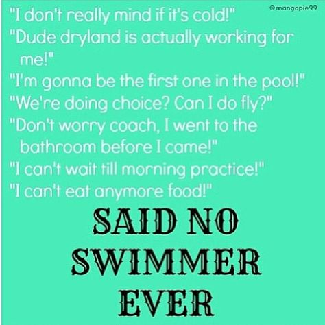 Seriously tho... No swimmer with a brain would say this...except for the butterfly thing I know a guy on my swim team where if he could, he would do the whole practice sprint fly, he, to say the least, is very good.... Swim Problems, Swimmer Memes, Swimmer Quotes, Swimming Jokes, Swimmer Girl Problems, Diving Springboard, Swimming Funny, Swimming Memes, Swimmer Problems