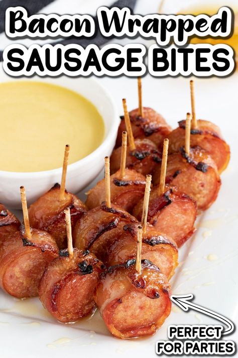 Football Finger Foods, Bacon Wrapped Meatballs, Bacon Wrapped Sausages, Sausage Bites, Bacon Wrapped Smokies, Sausage Appetizers, Tailgate Snacks, Honey Mustard Glaze, Honey Mustard Dipping Sauce