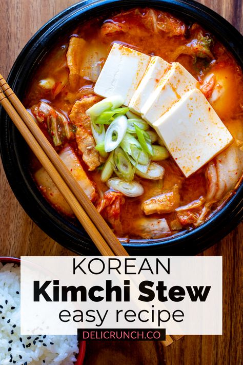 Kimchi Recipe Healthy, Recipes For Kimchi, Kimchi Lunch Recipes, Miso Kimchi Soup, Kim Chi Soup Recipe, Chicken Kimchi Soup, Rice And Kimchi Recipe, Korean Dishes Vegetarian, Korean Hangover Soup Recipe