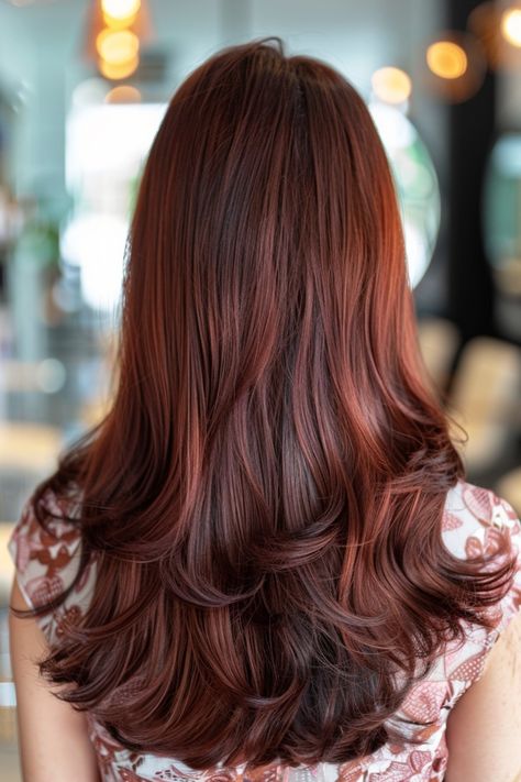 A person with long, wavy, auburn hair seen from the back in a brightly lit salon. Rose Brown Highlights, Chocolate Cherry Brown Hair, Brown Hair Styles, Cherry Brown Hair, Brown Hair Ideas, Luxurious Chocolate, Red Streaks, Subtle Balayage, Cherry Brown