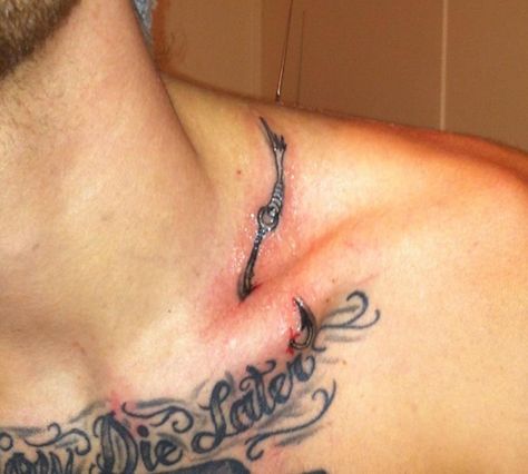 3-D Fish Hook Tattoo Fish Hook Tattoo, Tattoo Fishing, Trout Tattoo, Tattoo Collar Bone, Hook Tattoo, Collar Bone Tattoo For Men, Fishing Hook Tattoo, Hook Tattoos, Fishing Tattoo