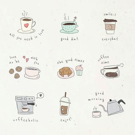 Cute coffee doodle design element vector set | premium image by rawpixel.com / nunny Cafe Doodle Art, Coffee Doodles Simple, Cute Coffee Doodles, Scribble Art Doodles, Cute Coffee Drawings, Doodle Art Coffee, Cute Birthday Doodles, Coffee Doodle Art, Planner Drawings